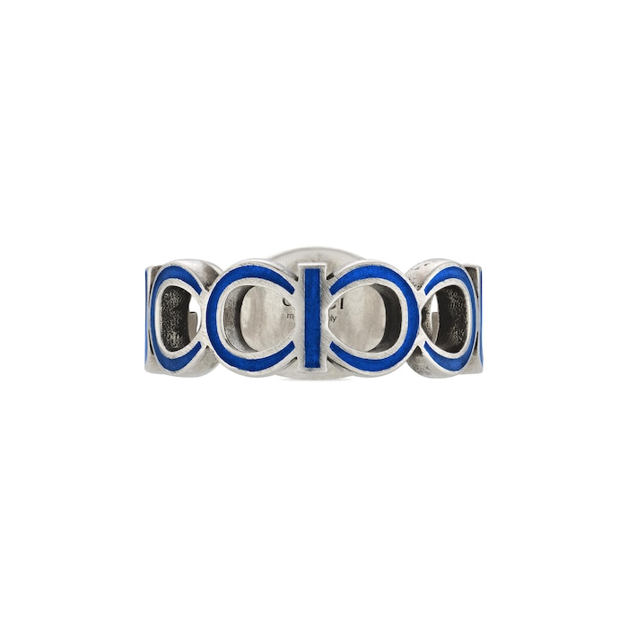Gucci Gucci Interlocking Sterling Silver & Blue Enamel Ring