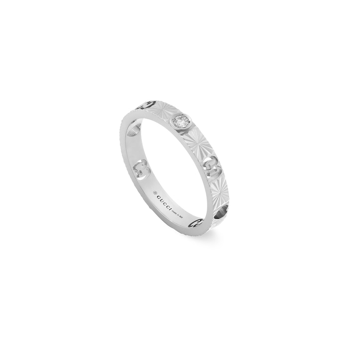 Gucci 18k White Gold Diamond 3mm Icon Cut Out Heart Ring Size 6.5