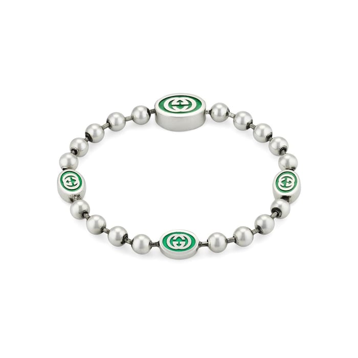Gucci Gucci Interlocking Sterling Silver & Green Enamel Bracelet - 17cm
