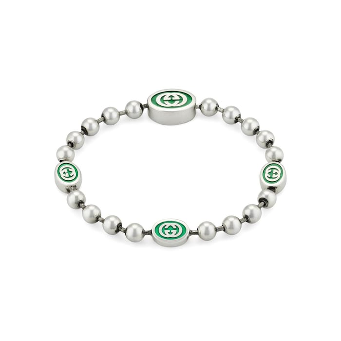Gucci Gucci Interlocking Sterling Silver & Green Enamel Bracelet - 17cm