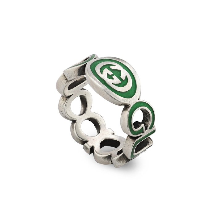 Gucci Gucci Interlocking Sterling Silver Green Enamel 9mm Ring Size 6.5