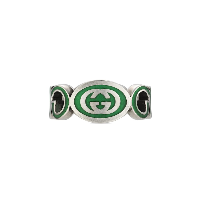 Gucci Gucci Interlocking Sterling Silver Green Enamel 9mm Ring Size 6.5