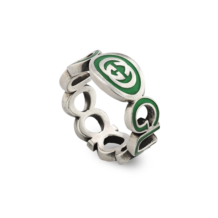 Gucci Gucci Interlocking Sterling Silver Green Enamel 9mm Ring Size 6