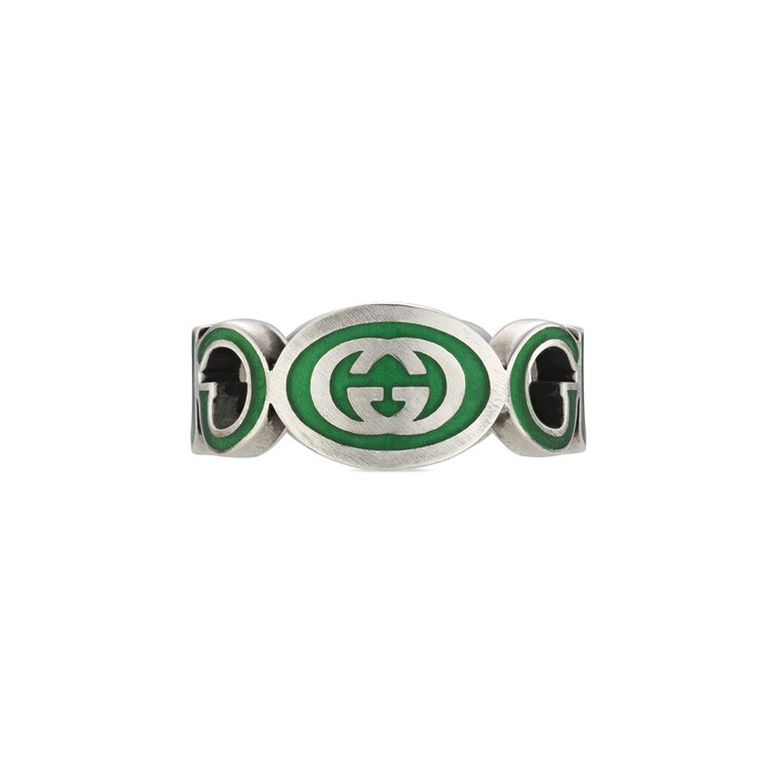 Gucci Sterling Silver Interlocking G Green Enamel 9mm Ring Size 6