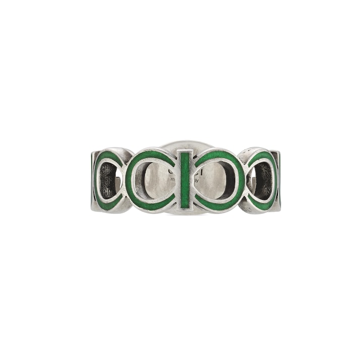 Gucci Gucci Interlocking Sterling Silver Green Enamel 9mm Ring Size 6