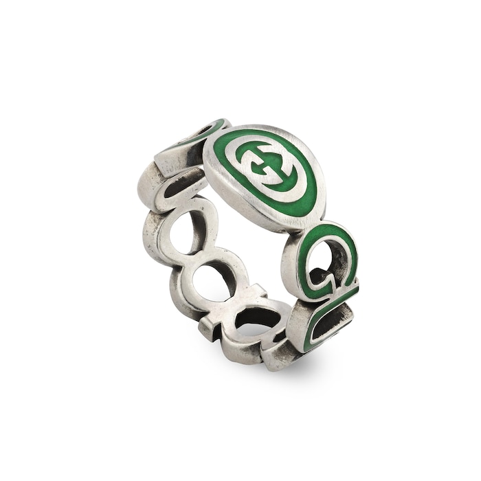 Gucci Gucci Interlocking Sterling Silver Green Enamel 9mm Ring Size 5.75