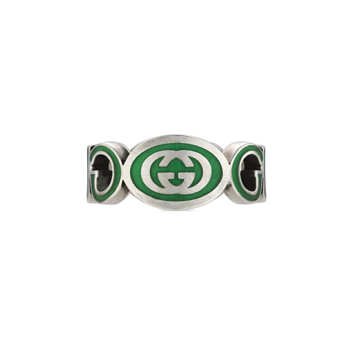 Gucci Gucci Interlocking Sterling Silver Green Enamel 9mm Ring Size 5.75