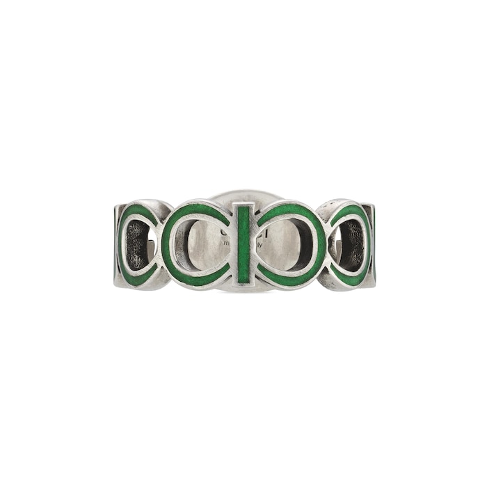 Gucci Gucci Interlocking Sterling Silver Green Enamel 9mm Ring Size 5.75