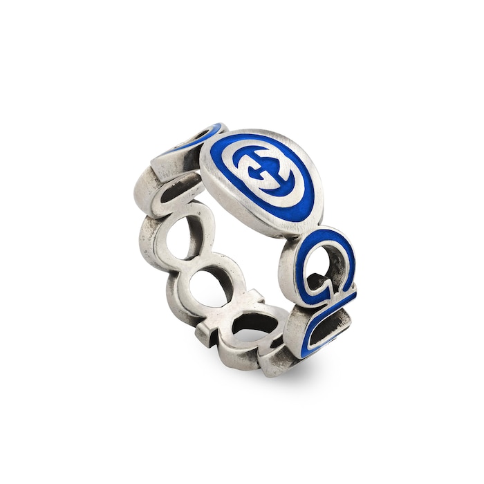 Gucci Sterling Silver Interlocking G Blue Enamel 9mm Ring Size 6.5