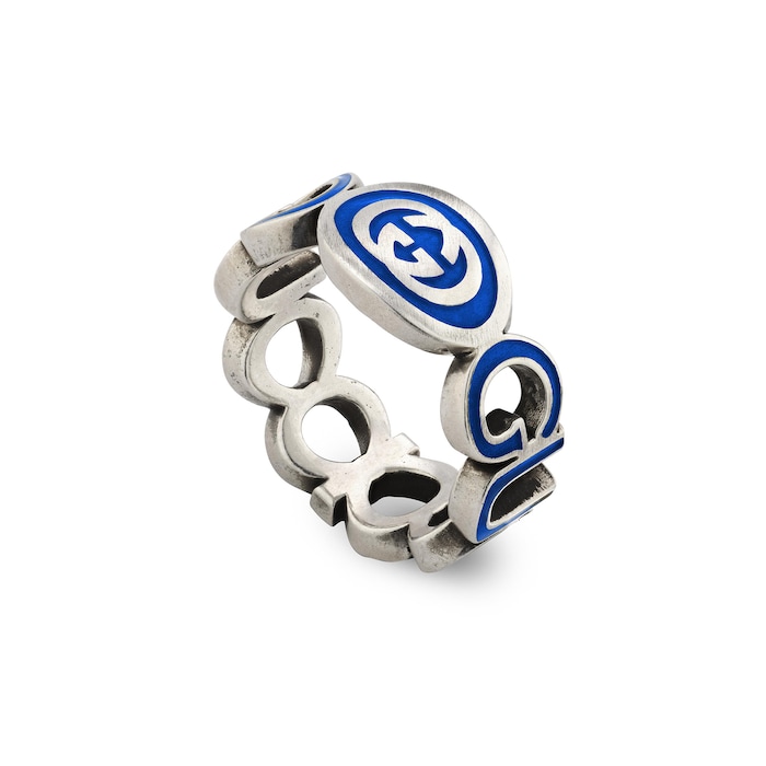 Gucci Sterling Silver Interlocking G Blue Enamel 9mm Ring Size 5.75