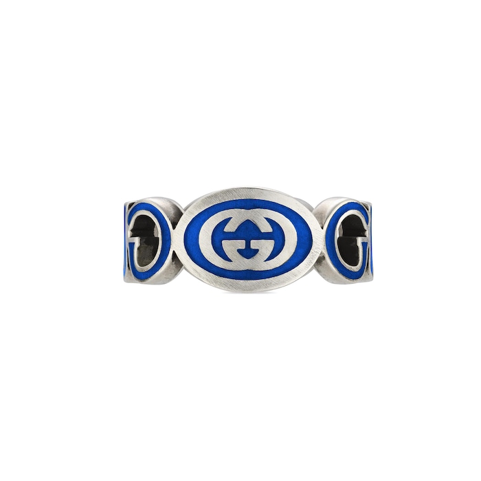 Gucci Gucci Interlocking Sterling Silver Blue Enamel 9mm Ring Size 5.75