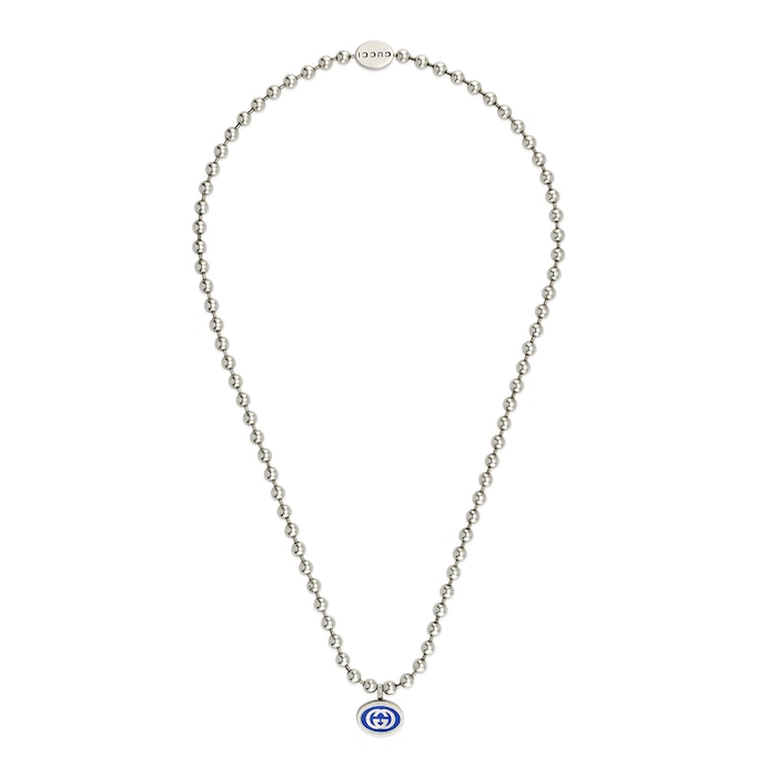 Gucci Sterling Silver Interlocking G Blue Enamel Boule Chain Necklace 22"