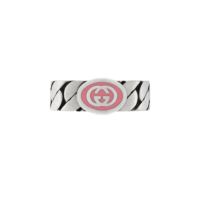 Gucci Sterling Silver Interlocking G Pink Enamel 5mm Ring Size 5.75