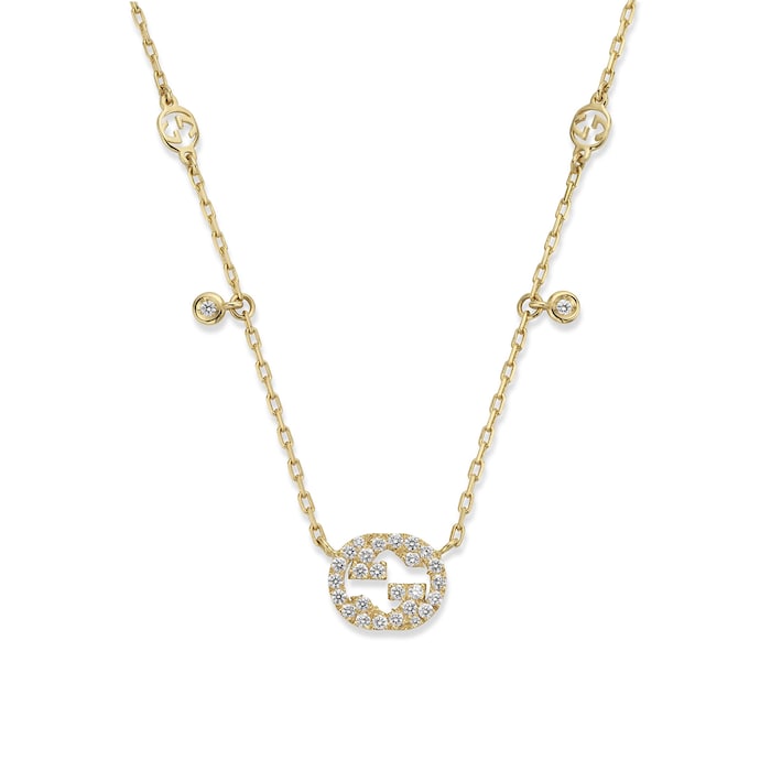 Gucci 18k Yellow Gold 0.27cttw Pave Diamond Interlocking G Necklace 16.5"