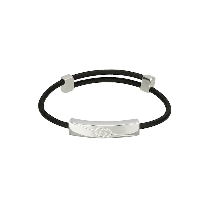 Gucci Gucci Tag Sterling Silver & Black Leather Bracelet