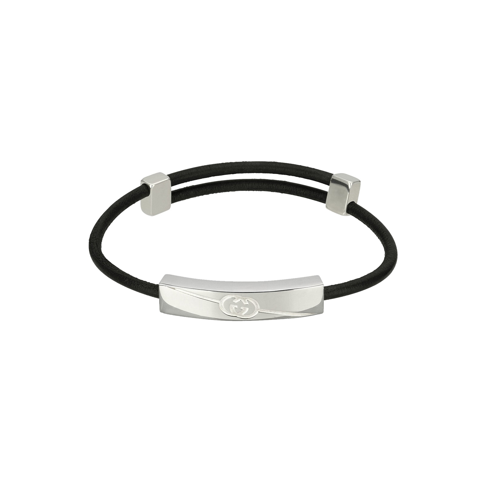 Gucci Gucci Tag Sterling Silver & Black Leather Bracelet Gucci Gucci Tag Sterling Silver & Black Leather Bracelet