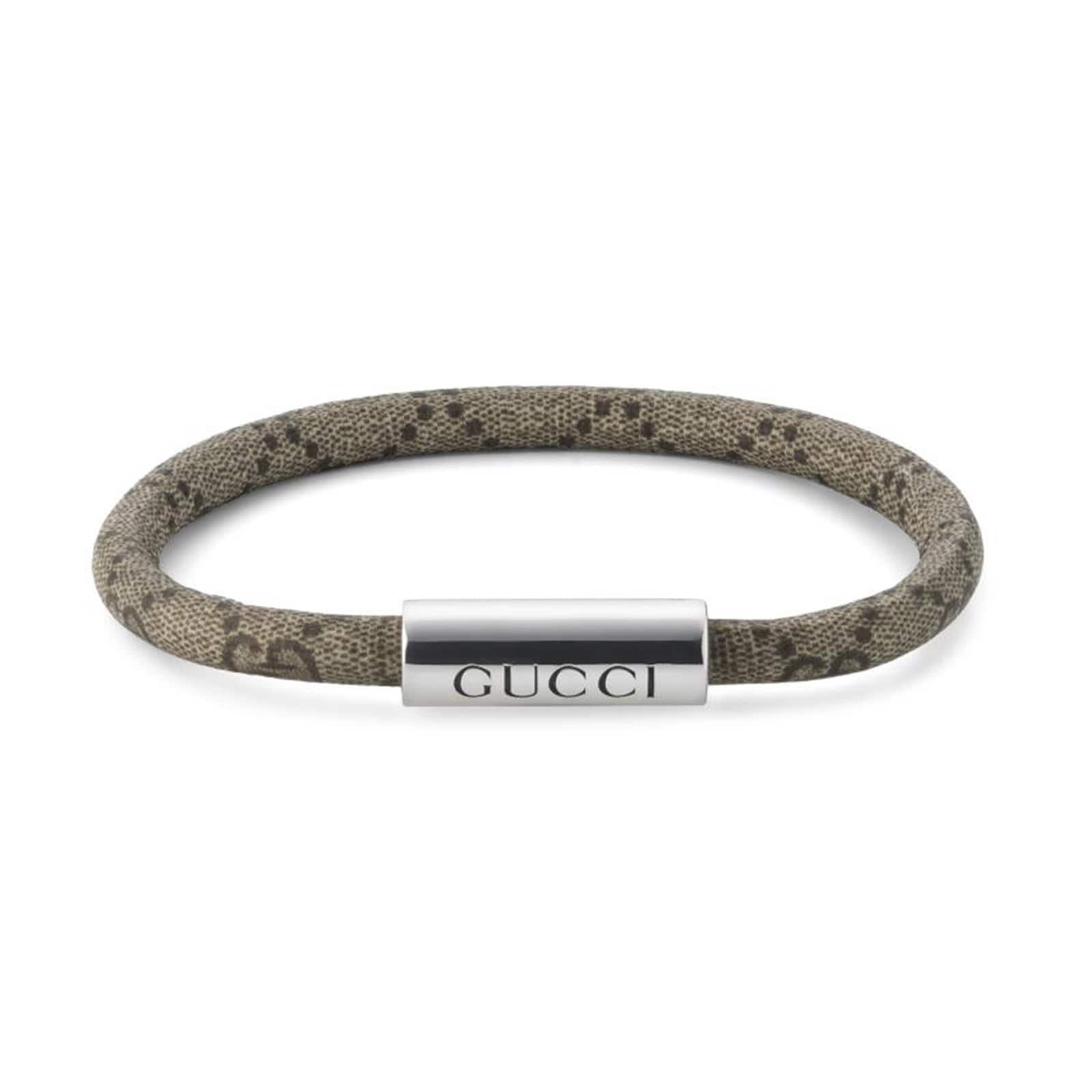 GUCCI Trademark Sterling Silver & Beige Canvas Bracelet - Size 17