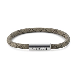 Gucci Trademark Sterling Silver & Beige Canvas Bracelet - Size 17