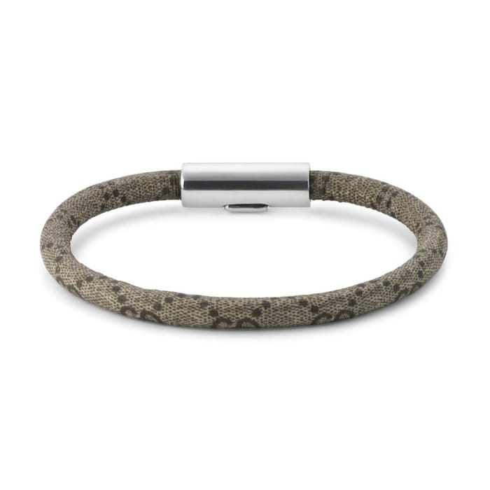 GUCCI Trademark Sterling Silver & Beige Canvas Bracelet - Size 17