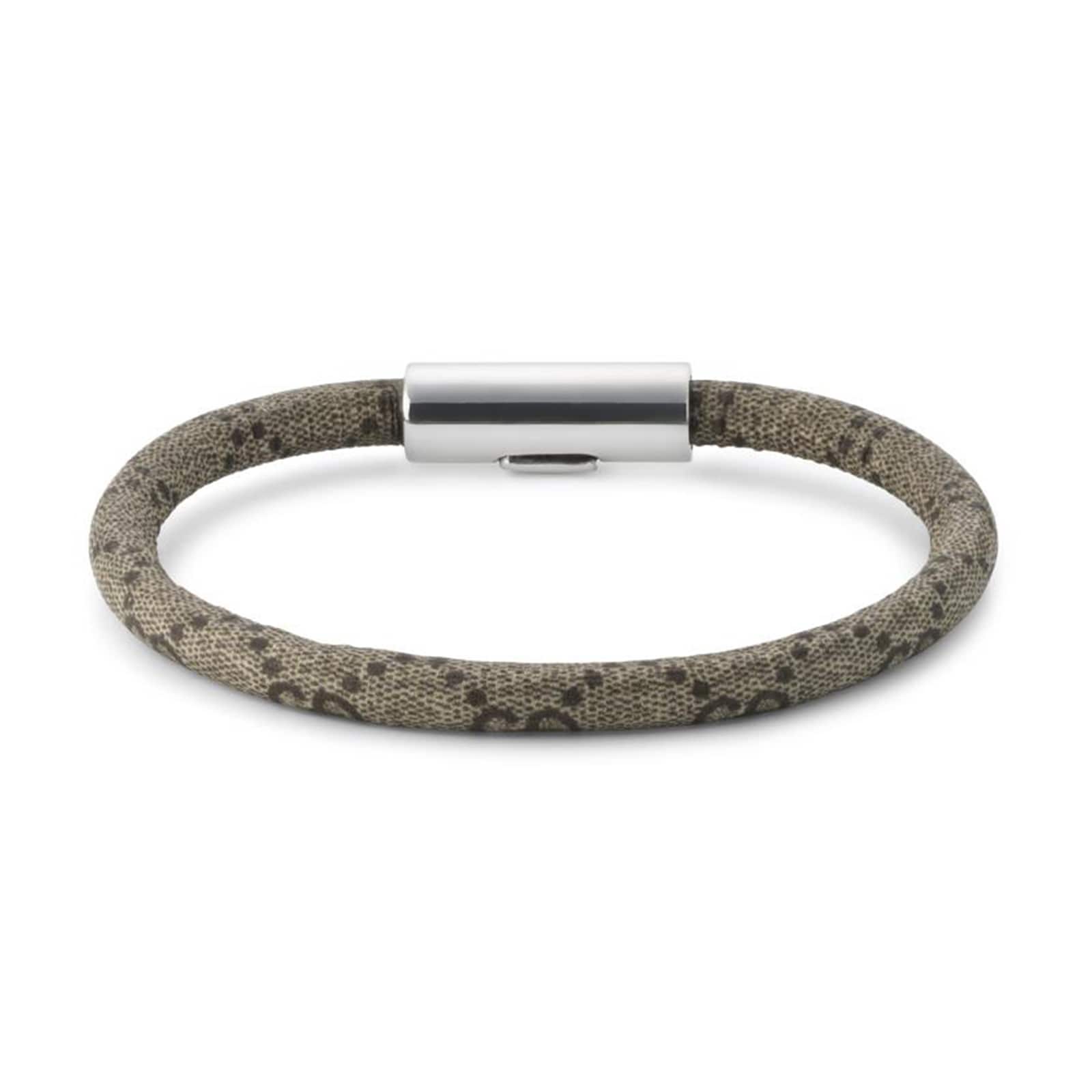 Gucci Trademark Sterling Silver & Beige Canvas Bracelet - Size 17