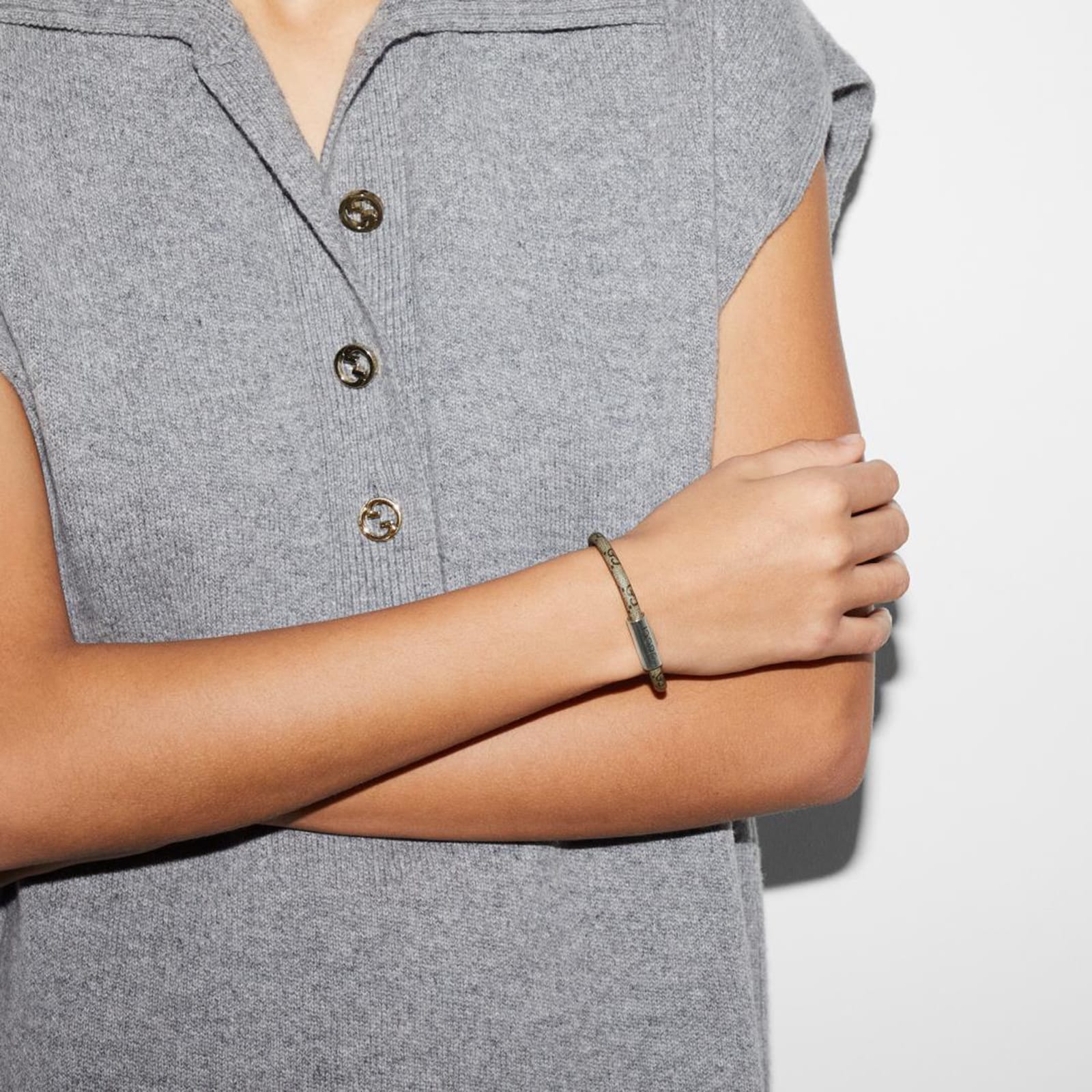 Gucci Trademark Sterling Silver & Beige Canvas Bracelet - Size 17