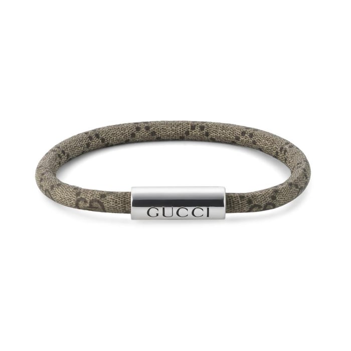 Gucci Trademark Sterling Silver & Beige Canvas Bracelet - Size 19