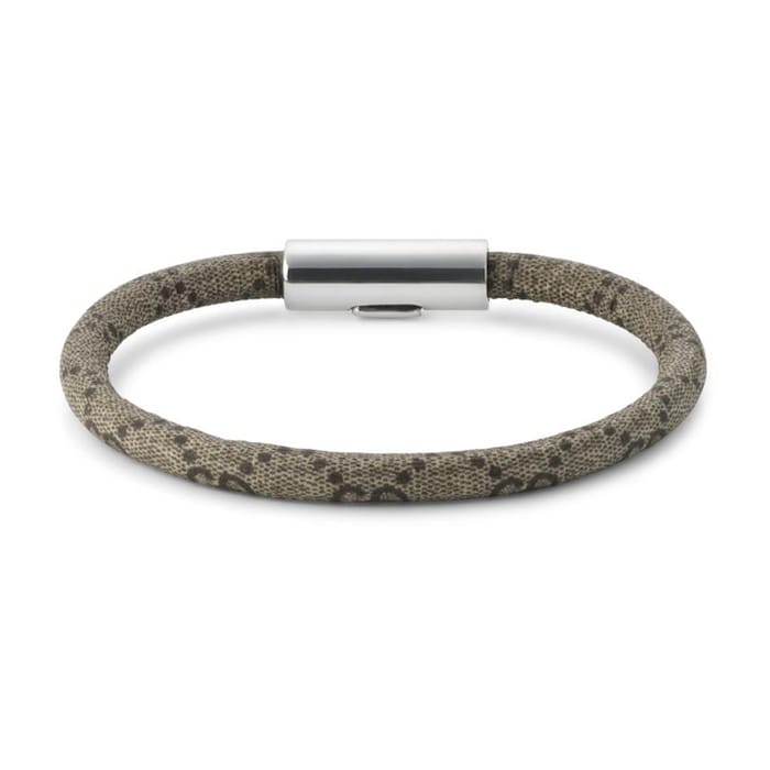 Gucci Trademark Sterling Silver & Beige Canvas Bracelet - Size 19