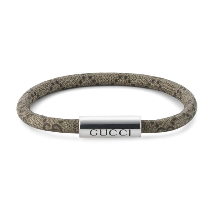 Gucci Trademark Sterling Silver & Beige Canvas Bracelet - Size 18