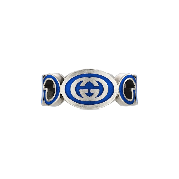 Gucci Gucci Interlocking Sterling Silver & Blue Enamel Ring - Size 9