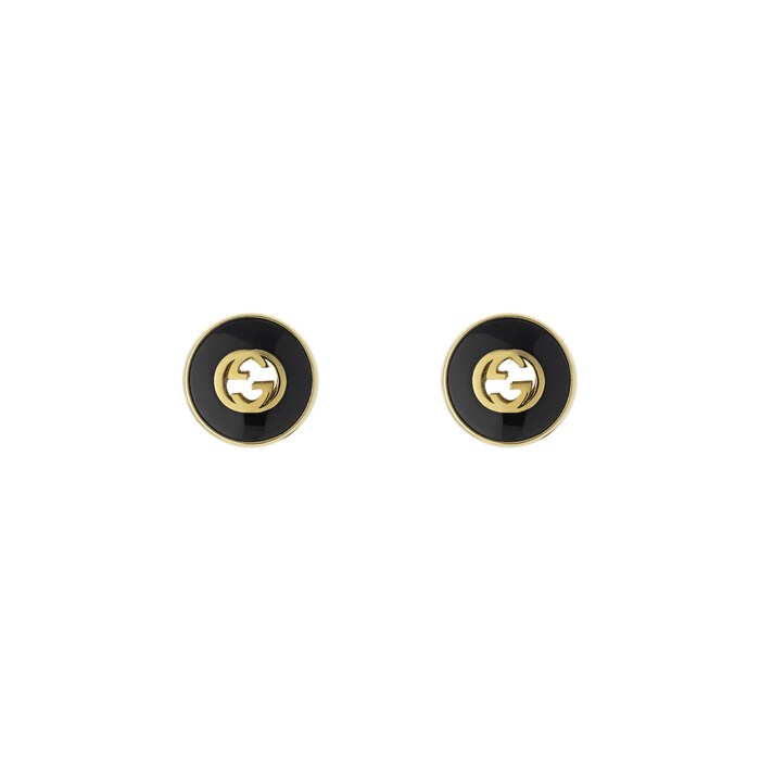 GUCCI Gucci Interlocking 18K Yellow Gold Black Onyx Stud Earrings