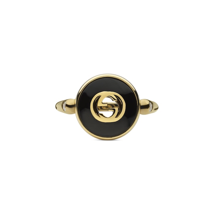 GUCCI Gucci Interlocking 18K Yellow Gold Diamond & Black Onyx Ring - Size 6