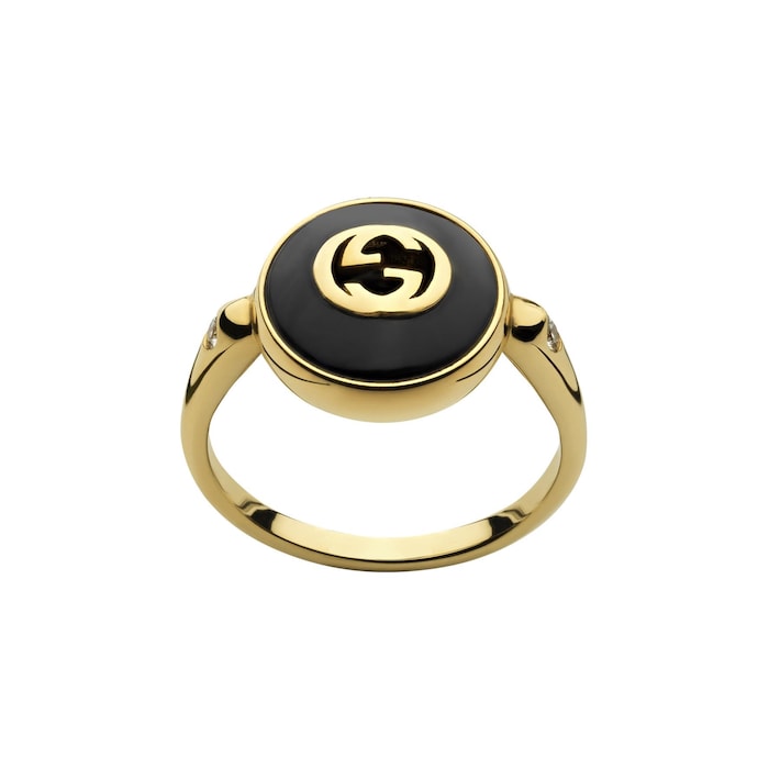 GUCCI Gucci Interlocking 18K Yellow Gold Diamond & Black Onyx Ring - Size 6.5