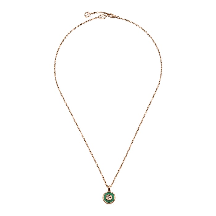 GUCCI Gucci Interlocking 18K Rose Gold Diamond & Green Agate Necklace
