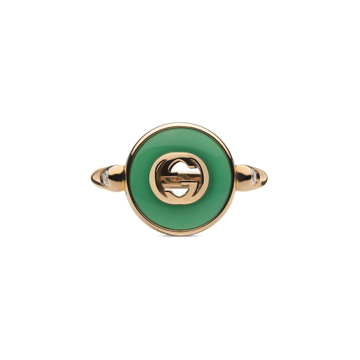 GUCCI Gucci Interlocking 18K Rose Gold Diamond & Green Agate Ring - Size 6