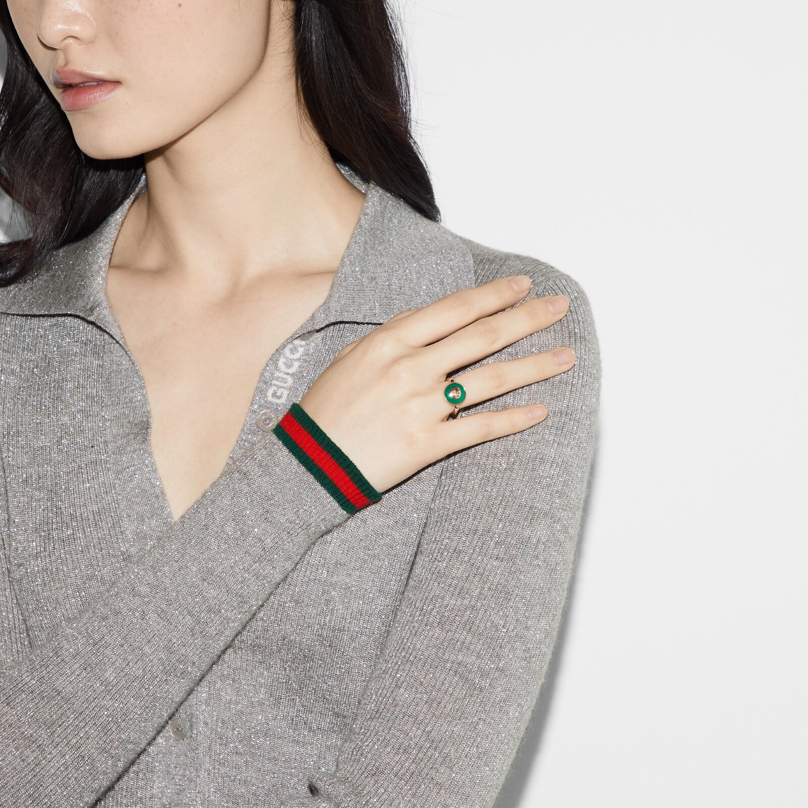 Gucci Gucci Interlocking 18K Rose Gold Diamond & Green Agate Ring - Size 6