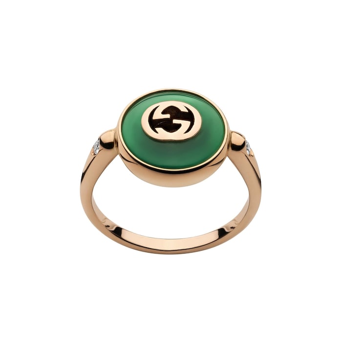 GUCCI Gucci Interlocking 18K Rose Gold Diamond & Green Agate Ring - Size 6