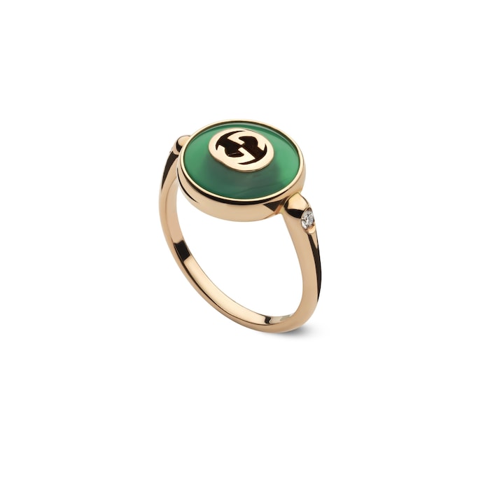 GUCCI Gucci Interlocking 18K Rose Gold Diamond & Green Agate Ring - Size 6.5