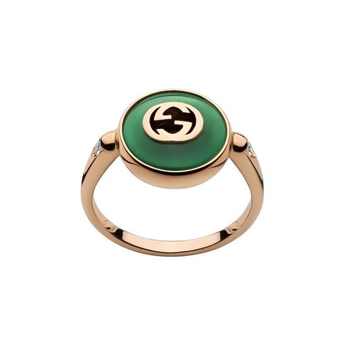 GUCCI Gucci Interlocking 18K Rose Gold Diamond & Green Agate Ring - Size 6.75