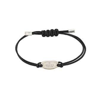 Gucci Sterling Silver Oval Tag Leather Strap Bracelet Gucci Sterling Silver Oval Tag Leather Strap Bracelet