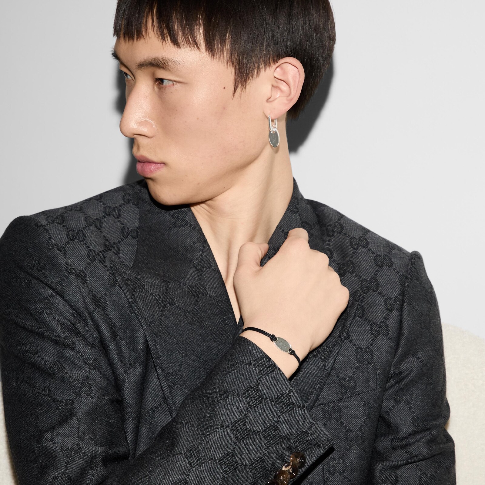 Gucci Sterling Silver Oval Tag Leather Strap Bracelet