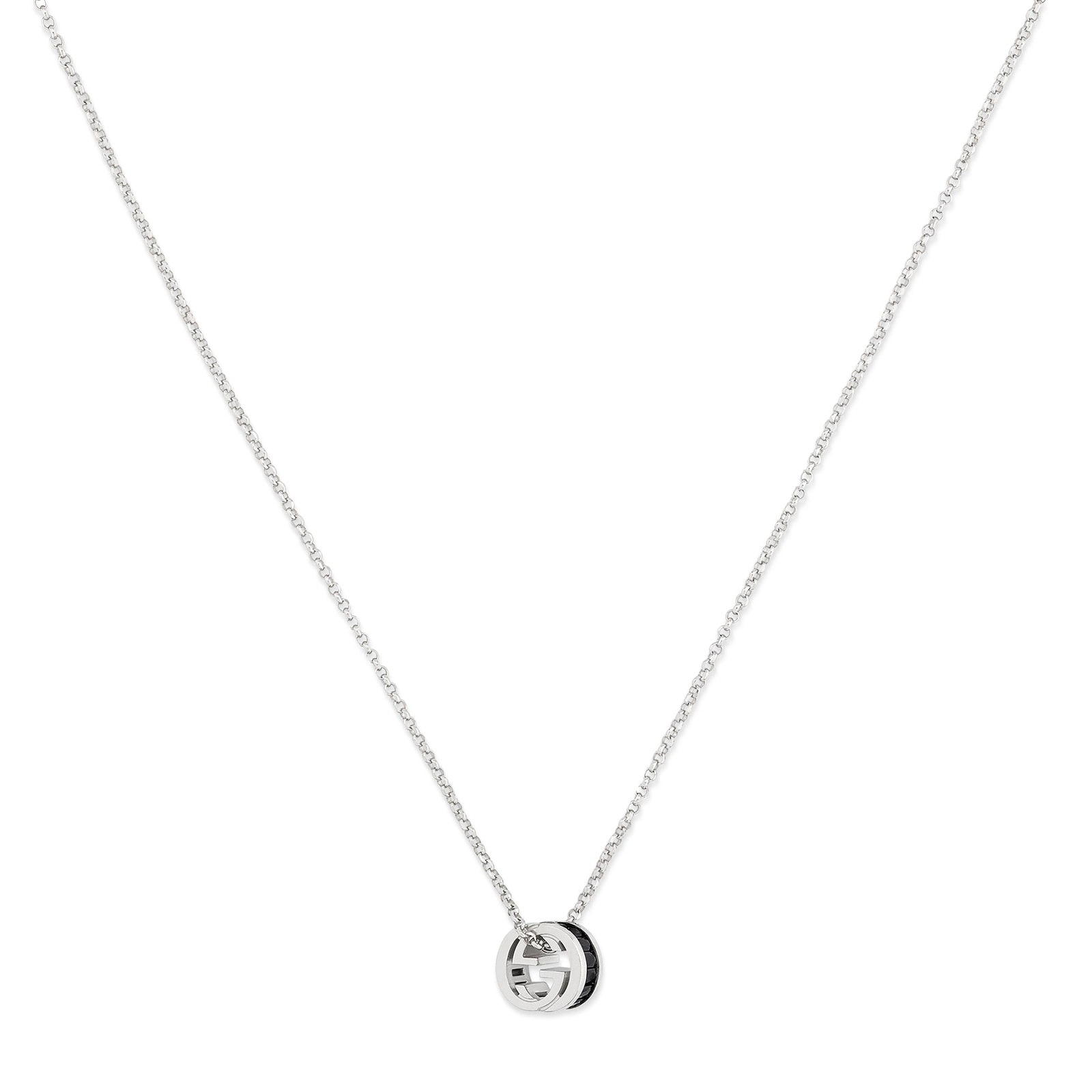 Gucci Interlocking Sterling Silver & Black Crystal Pendant Necklace