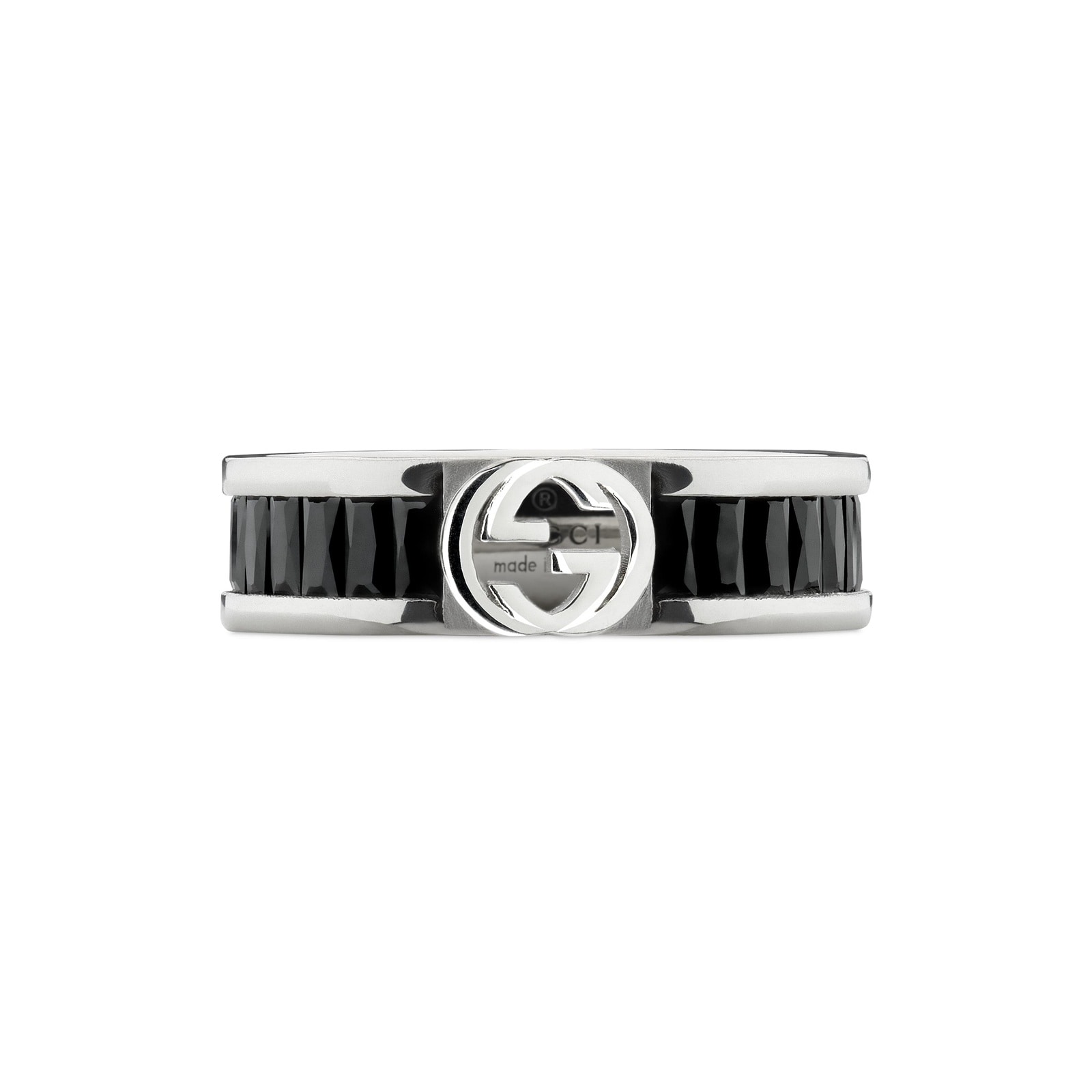 Gucci Interlocking Sterling Silver & Black Crystal Ring