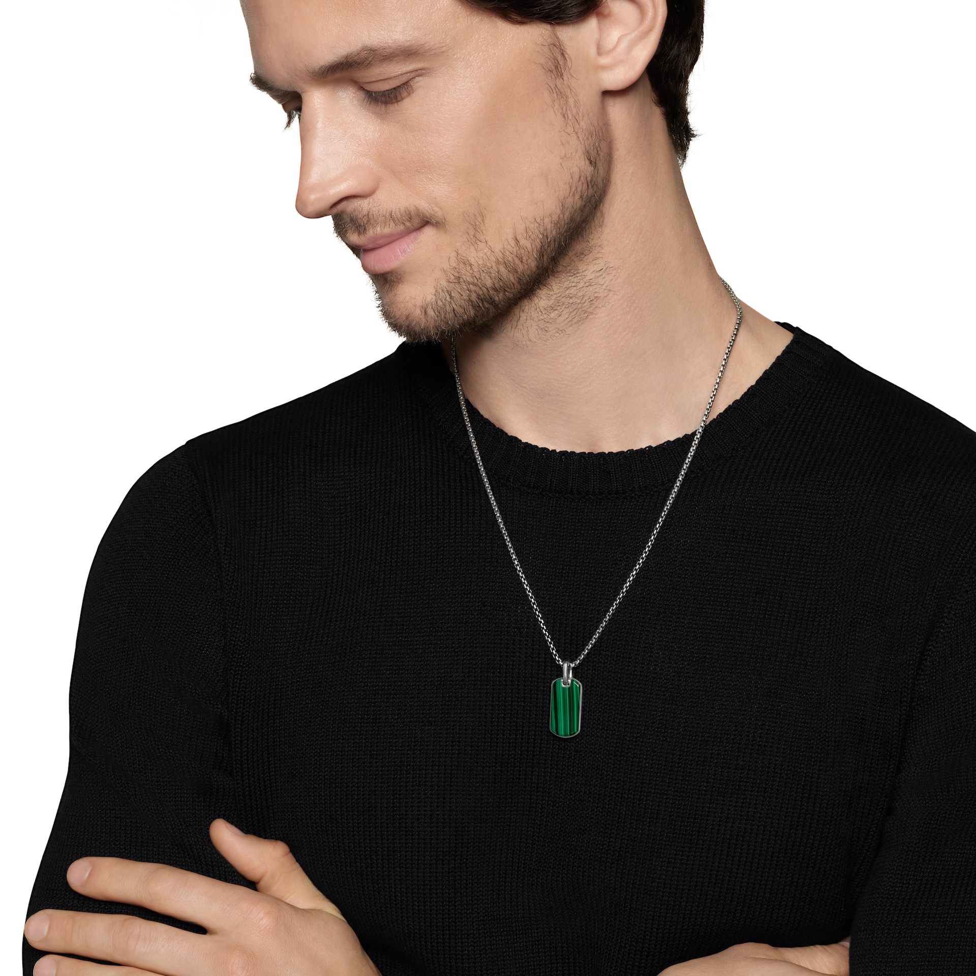 David Yurman Chevron Tag in Sterling Silver with Malachite, 27mm