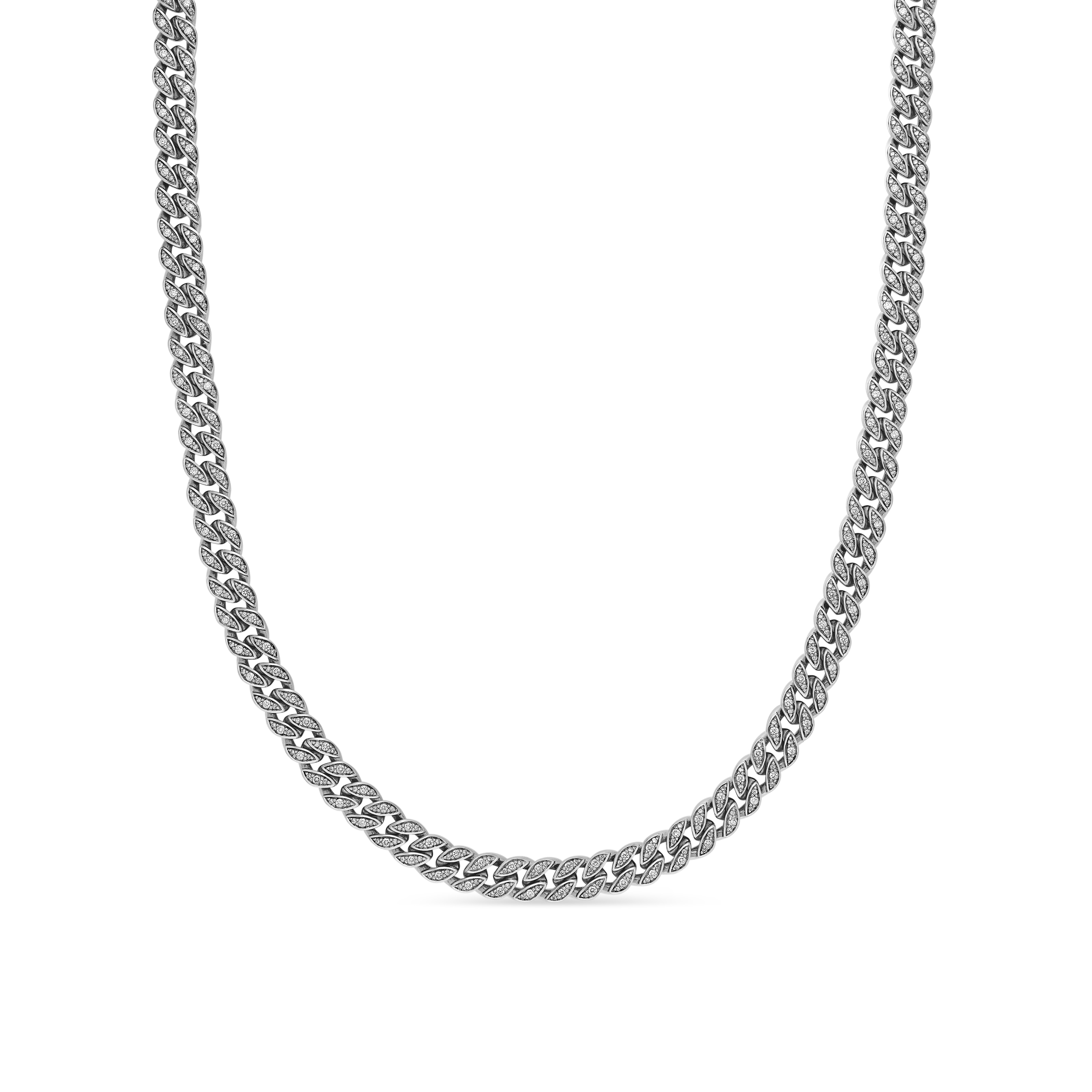 Curb Chain Necklace in Sterling Silver with Diamonds, 7mm