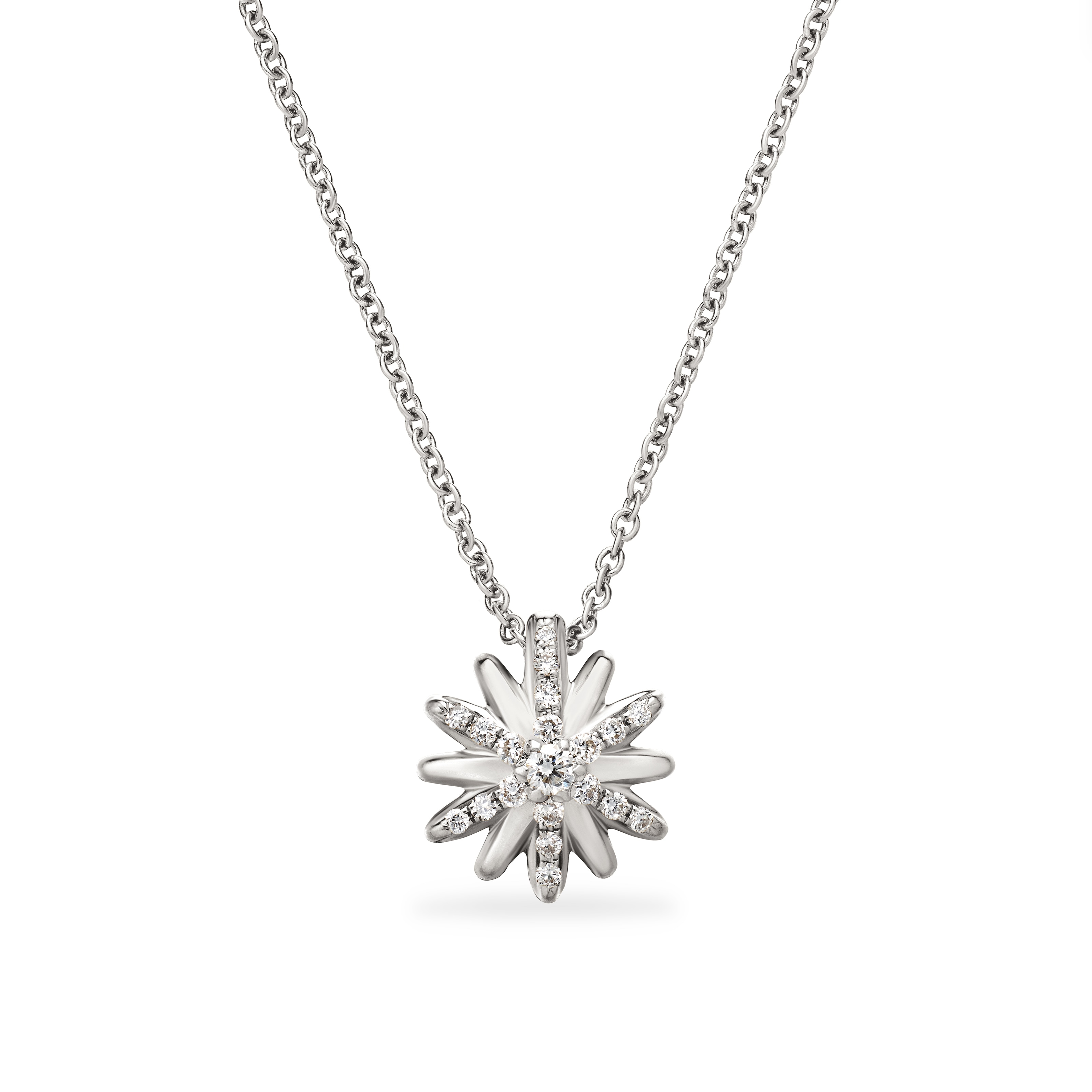 Petite Starburst Pendant Necklace In Sterling Silver With Diamonds, 10.5mm