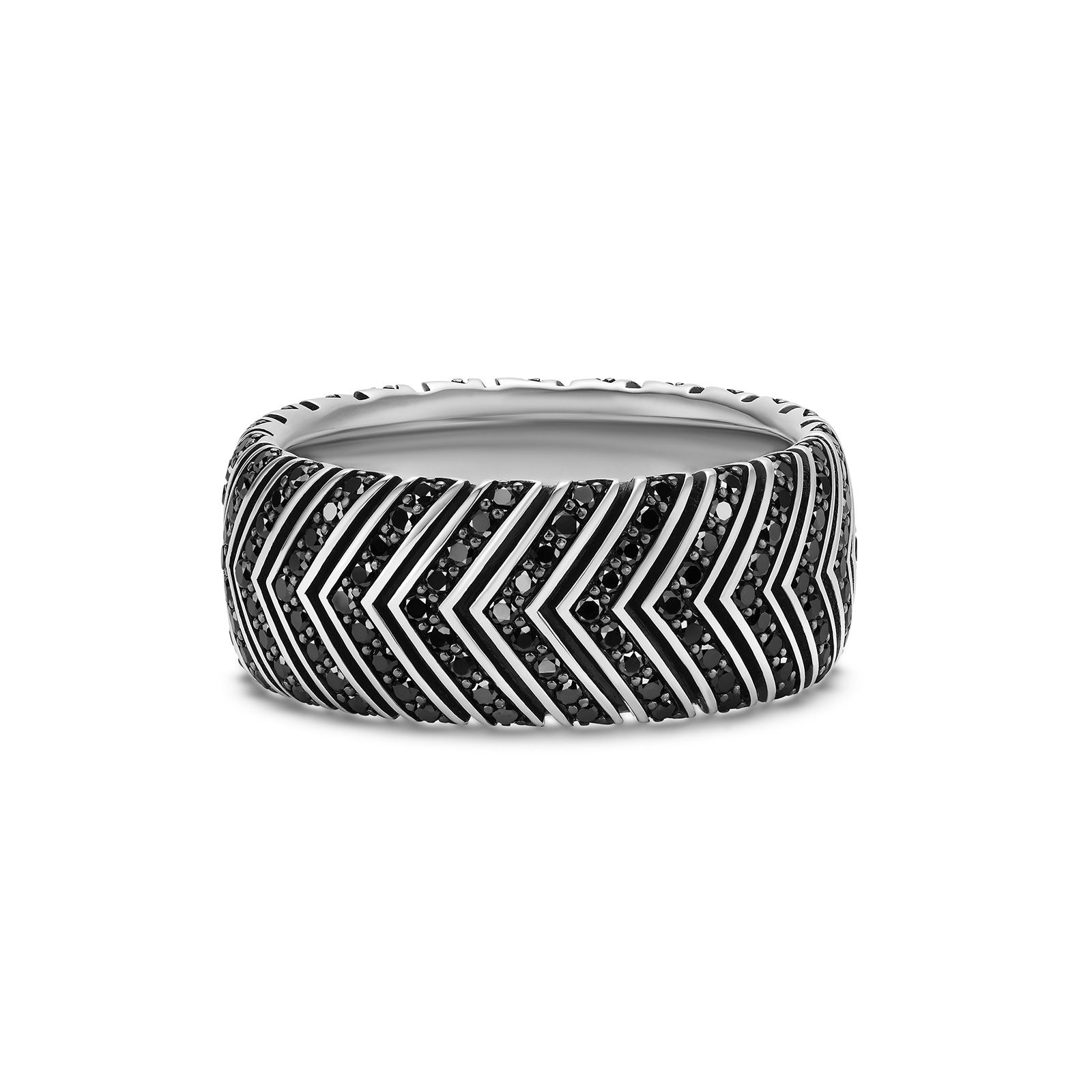 David Yurman Chevron Band Ring In Sterling Silver With Black Diamonds, 10mm - Size 9 David Yurman Chevron Band Ring In Sterling Silver With Black Diamonds, 10mm - Size 9