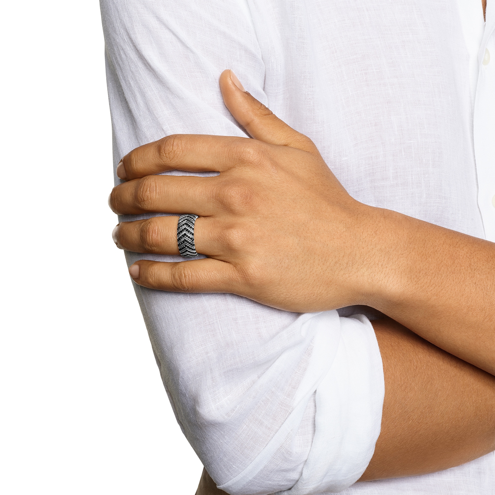 David Yurman Chevron Band Ring In Sterling Silver With Black Diamonds, 10mm - Size 9 David Yurman Chevron Band Ring In Sterling Silver With Black Diamonds, 10mm - Size 9