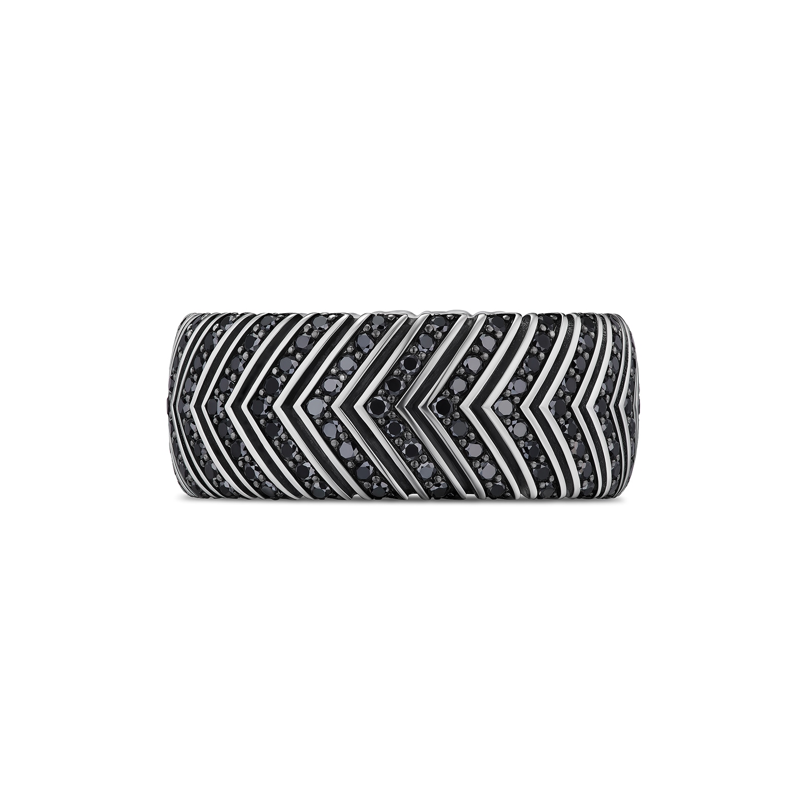 David Yurman Chevron Band Ring In Sterling Silver With Black Diamonds, 10mm - Size 9 David Yurman Chevron Band Ring In Sterling Silver With Black Diamonds, 10mm - Size 9