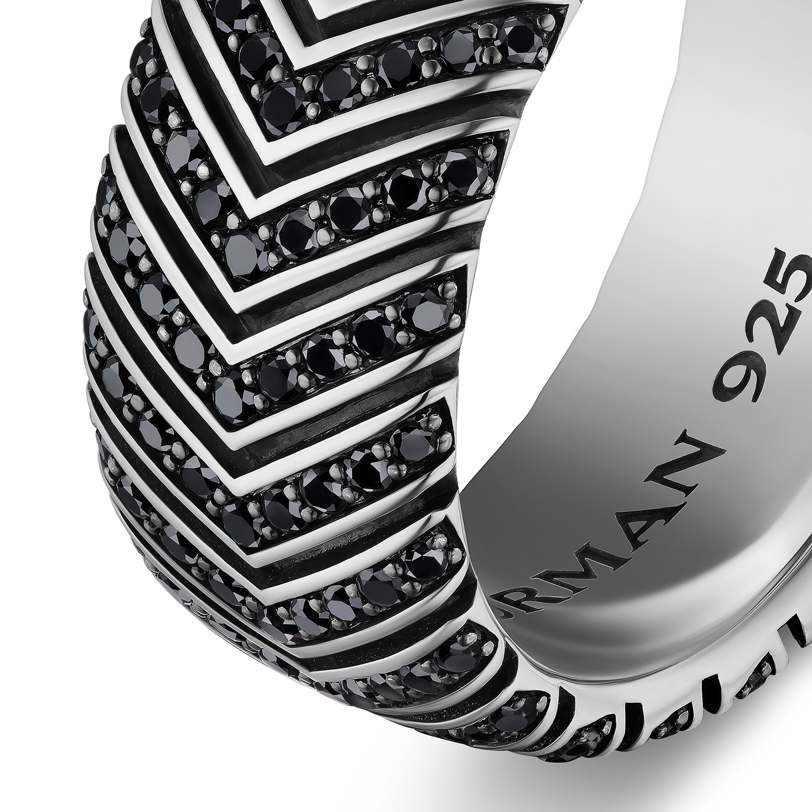 David Yurman Chevron Band Ring In Sterling Silver With Black Diamonds, 10mm - Size 9 David Yurman Chevron Band Ring In Sterling Silver With Black Diamonds, 10mm - Size 9