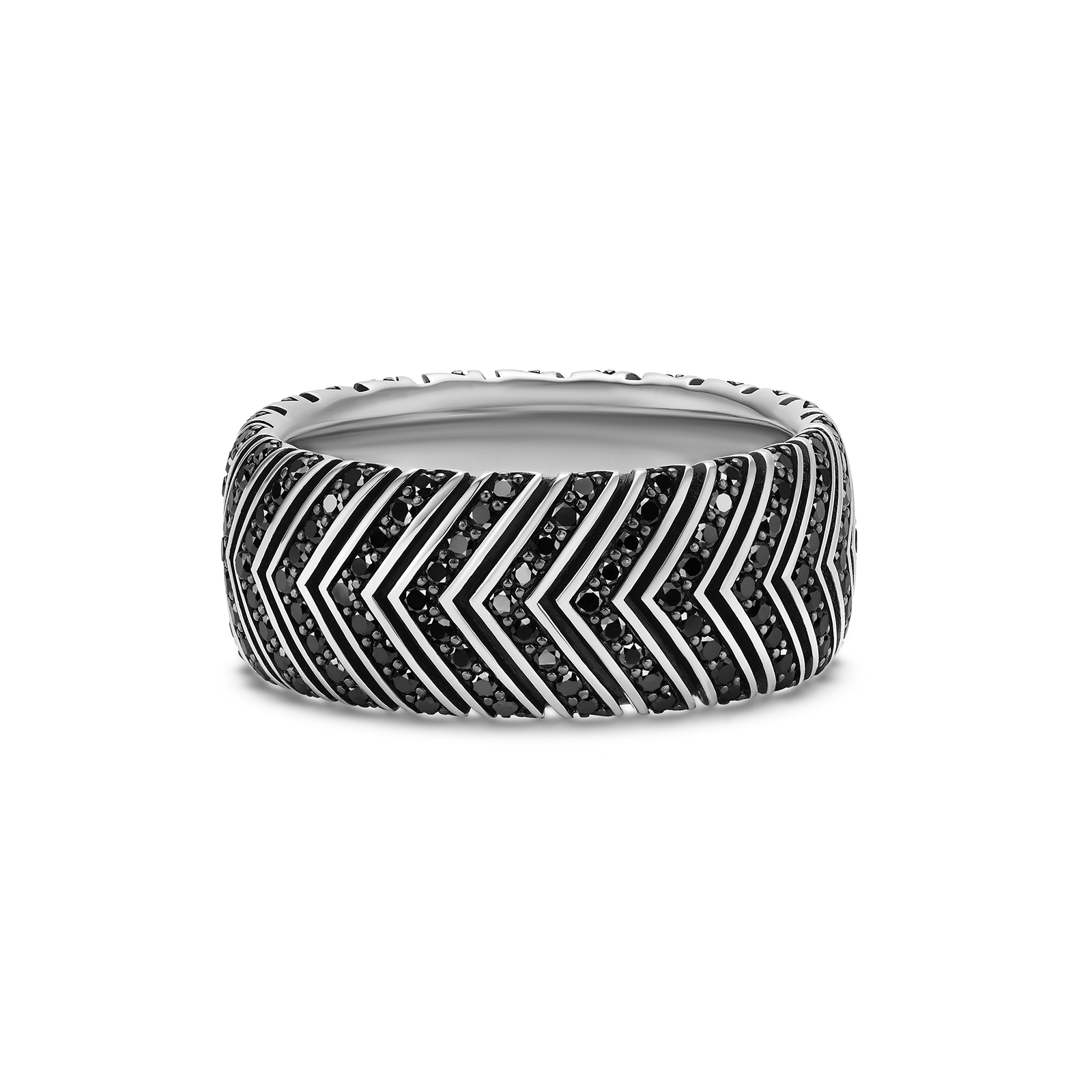 David Yurman Chevron Band Ring In Sterling Silver With Black Diamonds, 10mm - Size 11